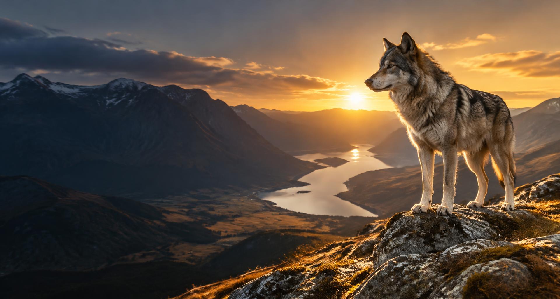 Grey wolf standing on a rocky mountain ridge at golden sunrise above a valley and lake